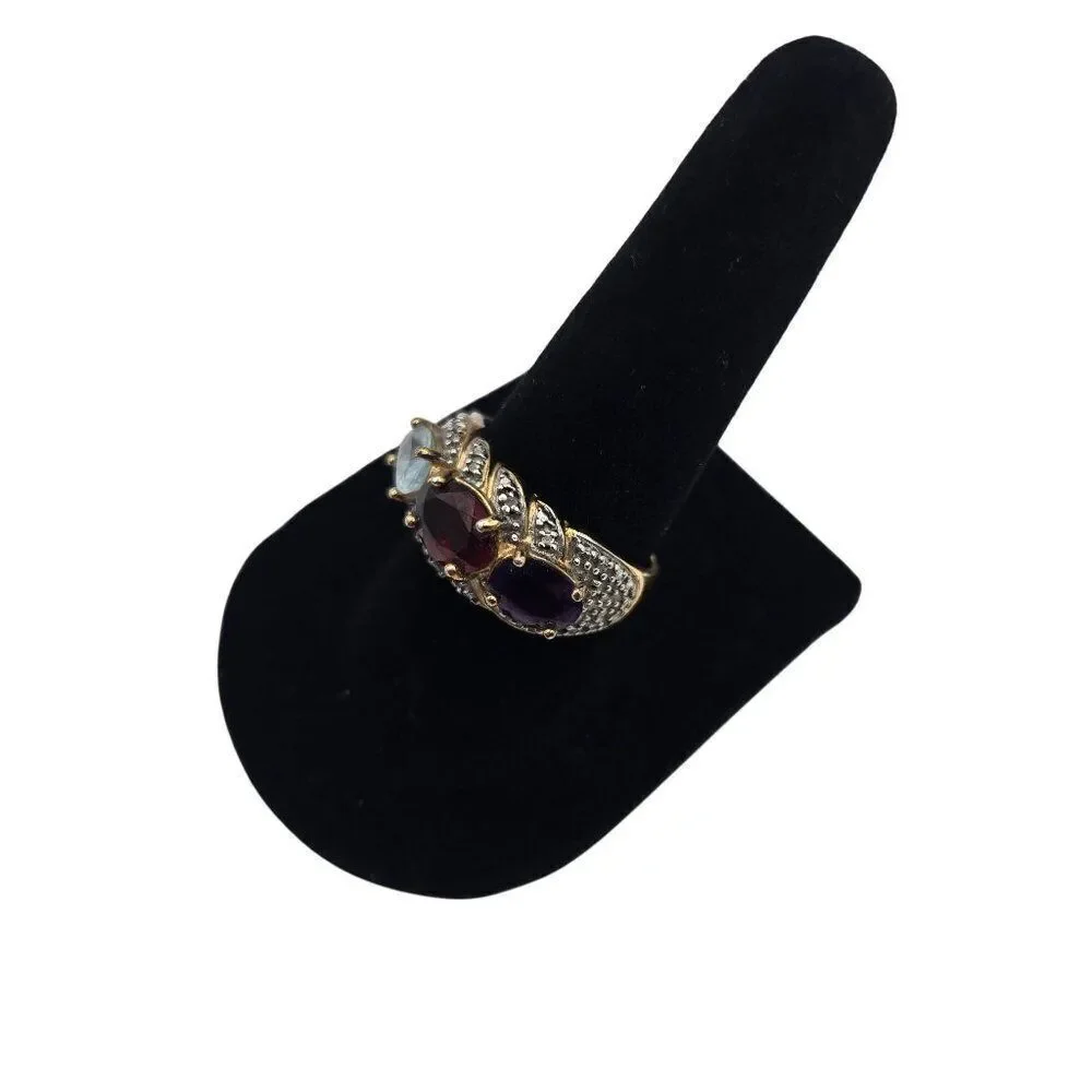 Gold Plated Sterling Silver Ring Sze 7 Amethyst Garnet Blue Topaz Diamond Accent